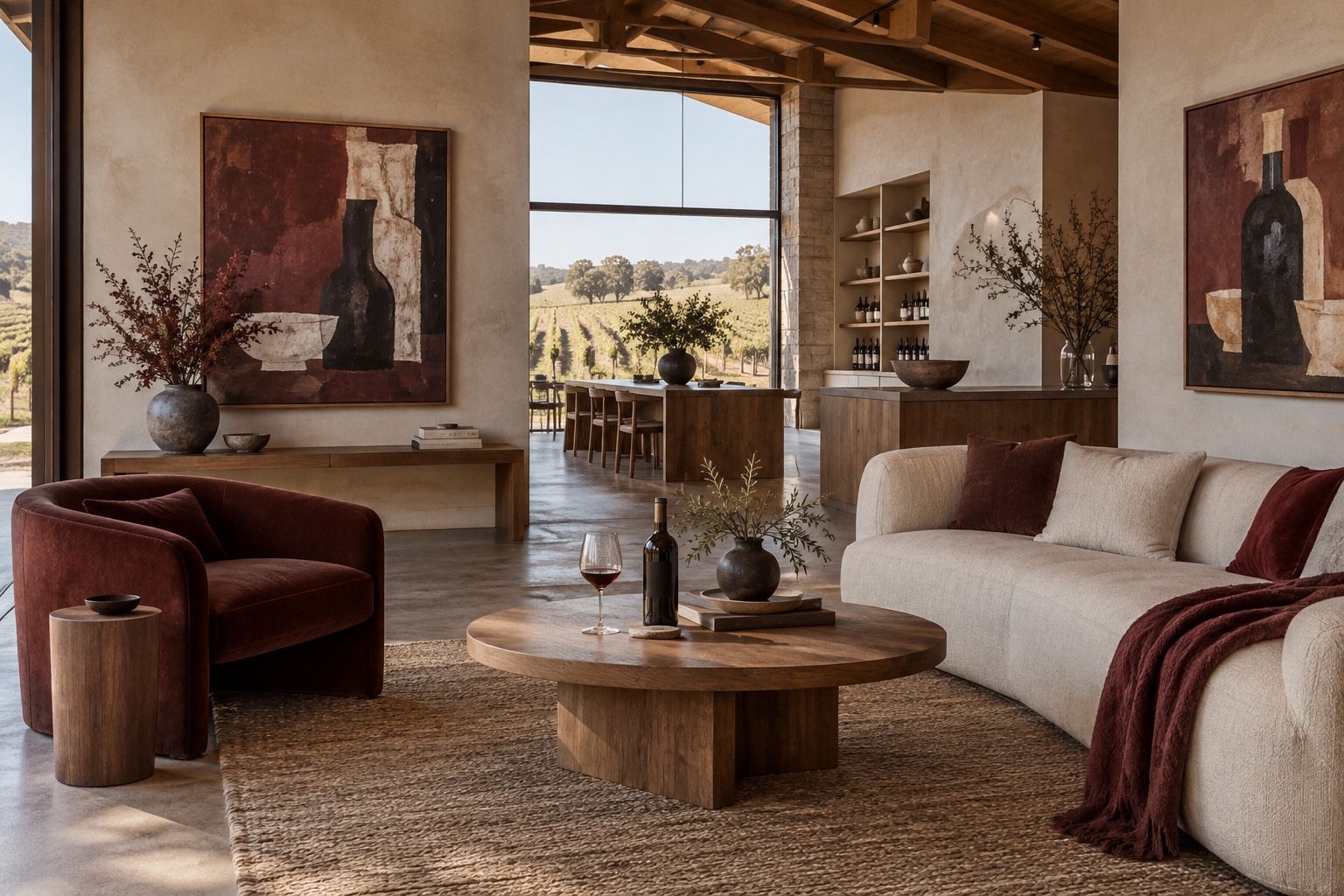 Concept visual of a SANCI lounge with artwork and a vineyard view