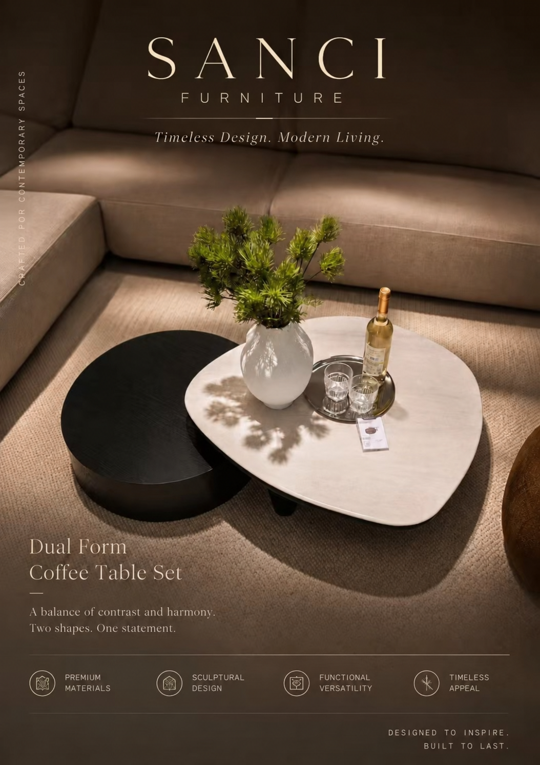SANCI Furniture Dual Form Coffee Table Set: contrasting black and light-coloured sculptural tables in a lounge setting